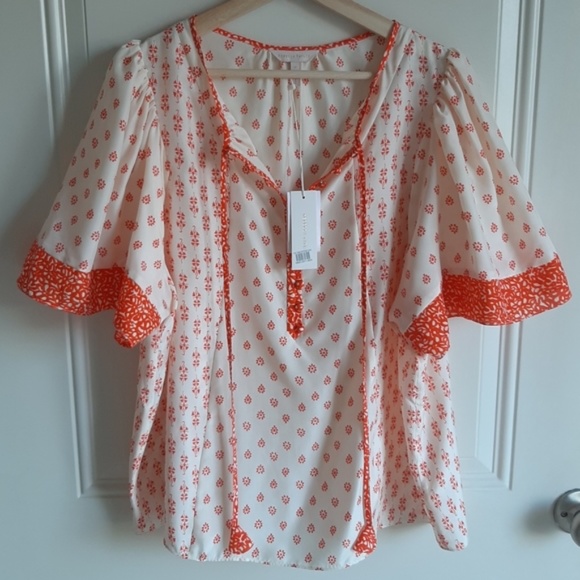 ✨NWT✨ REBECCA TAYLOR Silk Top Lily Block Print Blouse in Tomato Sz US 2 (XS) - Picture 9 of 12